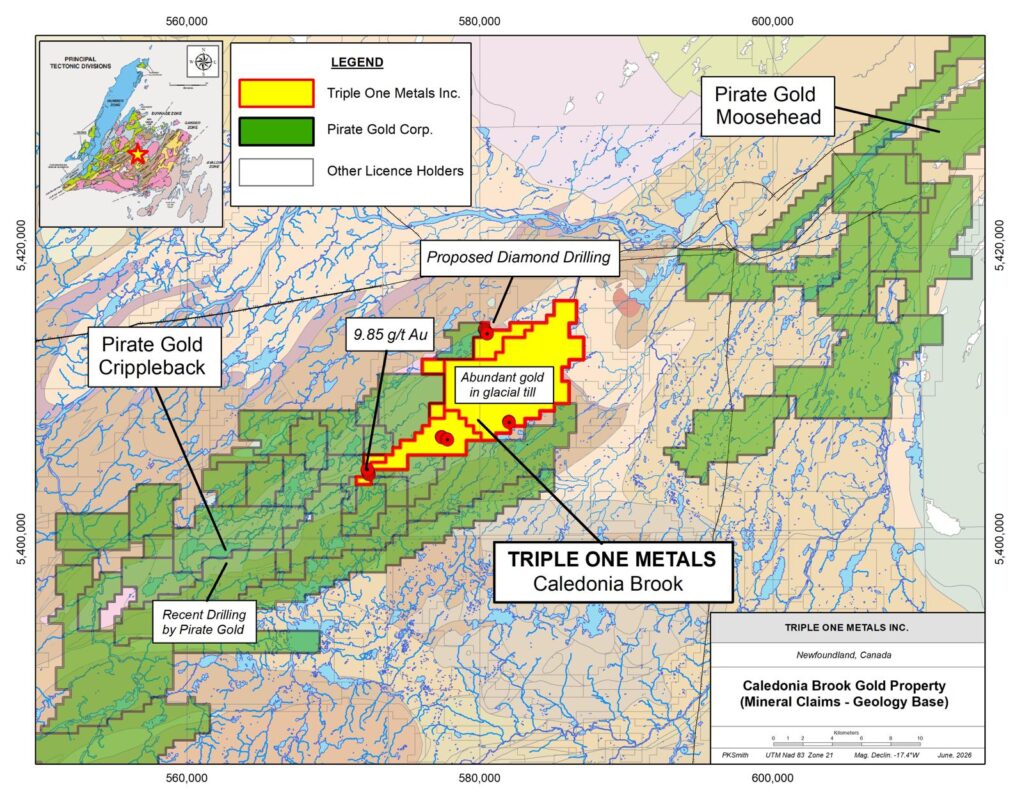 Caledonia Brook mineral claims map showing the Triple One Metals property and neighbouring licence holders