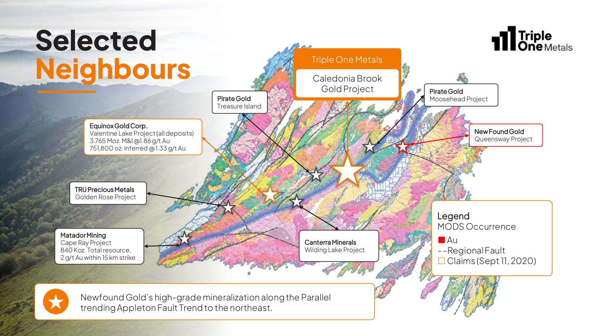Regional map showing Caledonia Brook and selected neighbouring gold projects in Newfoundland
