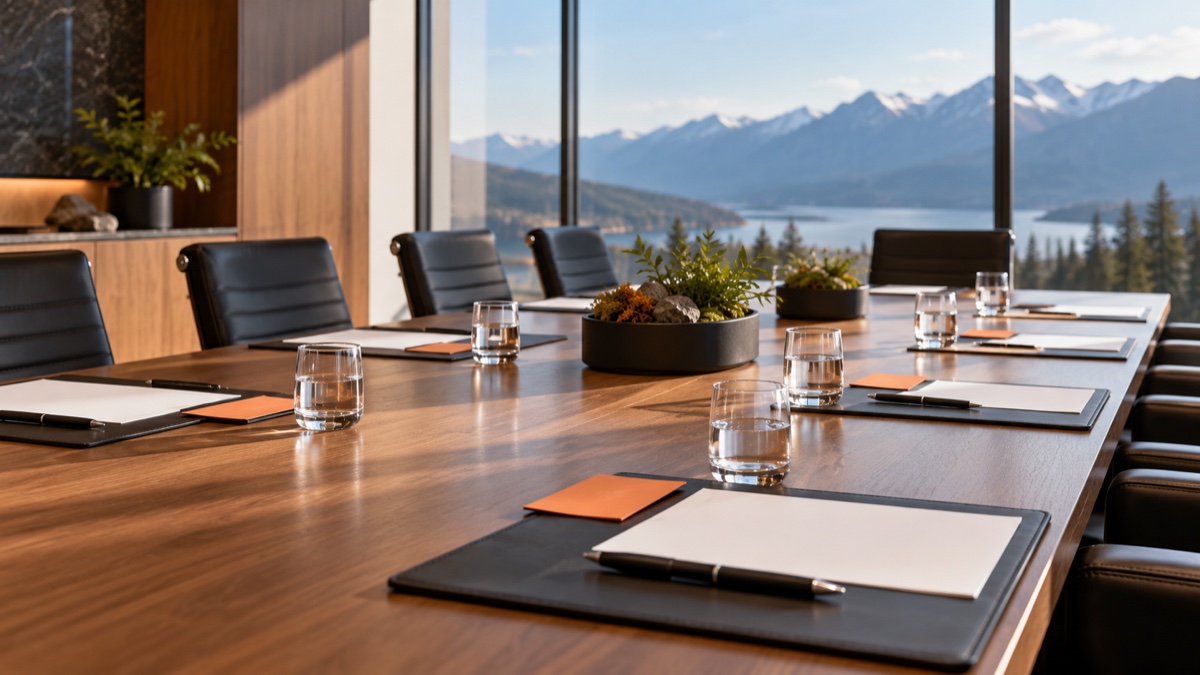 Illustrative boardroom prepared with meeting papers and ballot cards